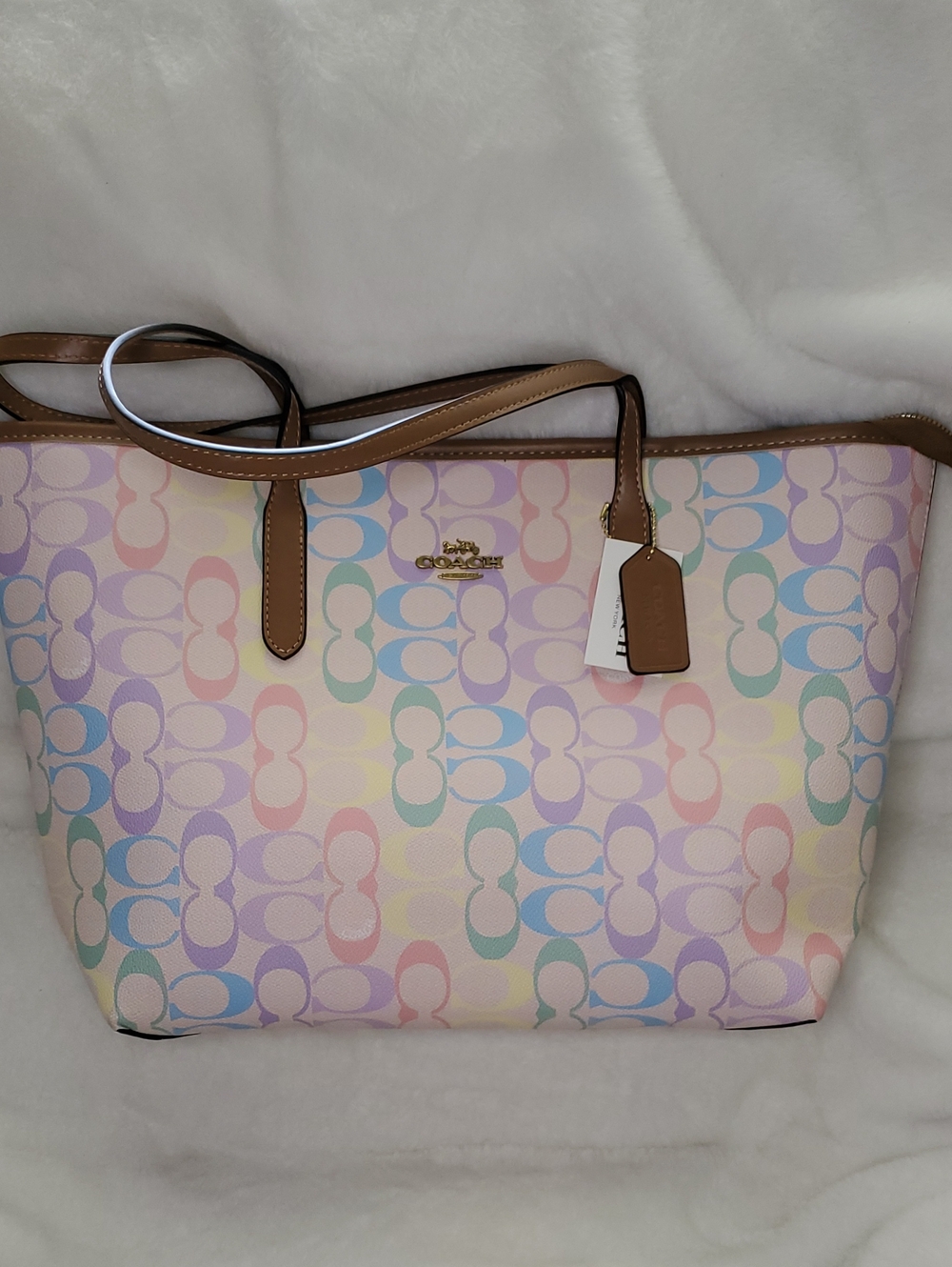 Multicolor Pastel Signature Tote with Brown Trim